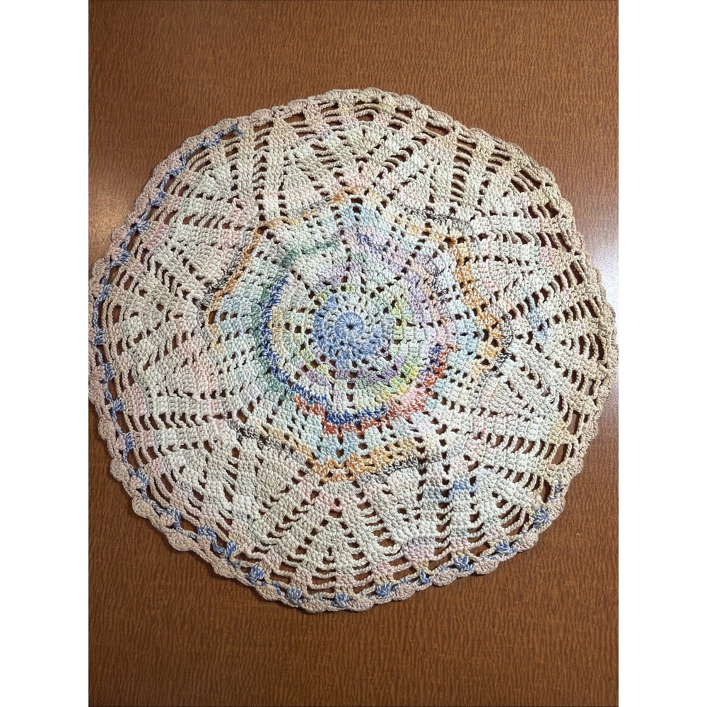 Vtg Multicolor Doily 10.5" Hand Crocheted